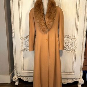 VINTAGE Marvin Richards Genuine Fur Collar Camel 100% Lambs Wool Long Dr…